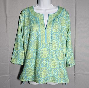 Gretchen Scott Blue Green Tunic Boho Coastal Beachy Top Size Large 3/4 Sleve